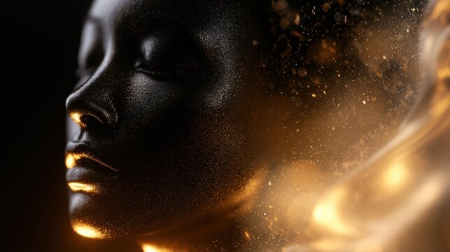 Elegant shiny black face sculpture with glowing golden light particles and soft luminous abstract background creating a surreal artistic effect
