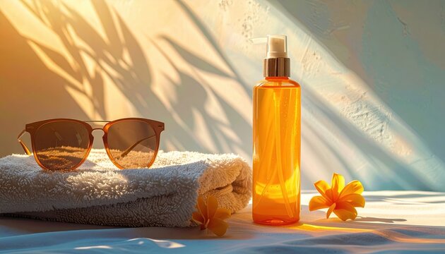 Sunscreen beside sunglasses and towel, bright summer light, skin protection concept