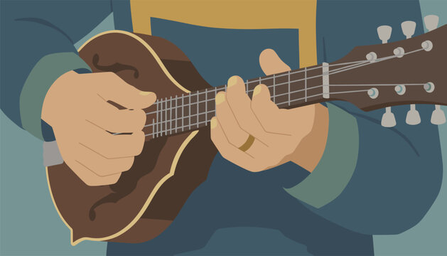 Close up vector graphic focusing on musician hands playing a traditional wooden string instrument.