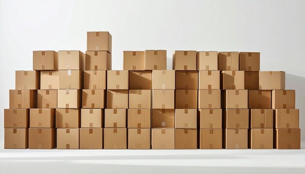 stacked cardboard boxes on a pure white background, subtle soft lighting