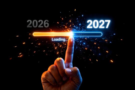 Futuristic glowing progress bar loading year two thousand twenty seven with glowing neon sparks