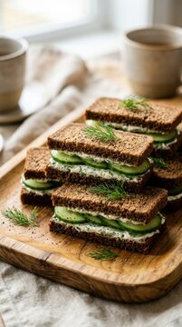 Healthy gourmet dark rye bread finger sandwiches layered with fresh cucumber slices and herb-infused cream cheese spread, beautifully arranged on a rustic wooden board in a bright morning light