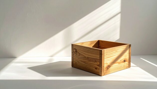 wooden storage box with soft shadow on white, soft natural lighting