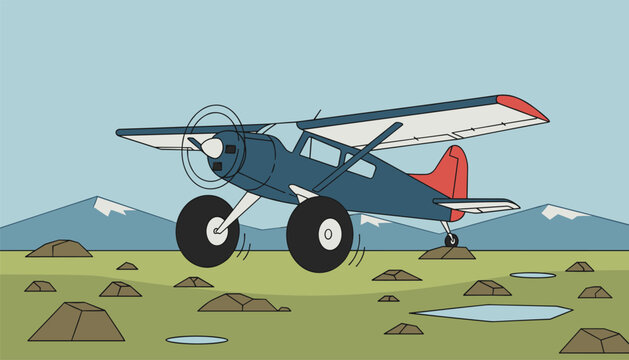 Bush plane flies low over a rocky tundra landscape dotted with small water ponds and distant mountains.