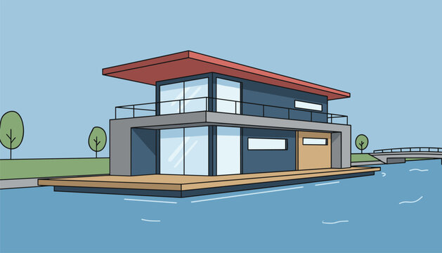 Modern floating house featuring a striking red roof and glass walls resting peacefully on calm blue water near a scenic bridge.