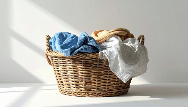 organized laundry basket on white background, soft shadow
