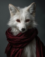 Obraz premium Elegant white fox adorned with deep red scarf against a dark background