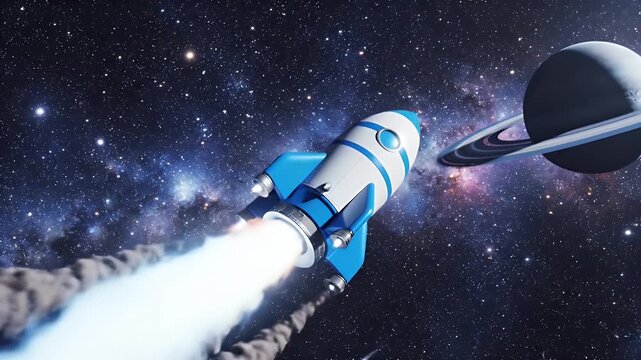 Blue and White Rocket Standing Upright on a Circular Launch Pad Under a Starry Cosmic Backdrop