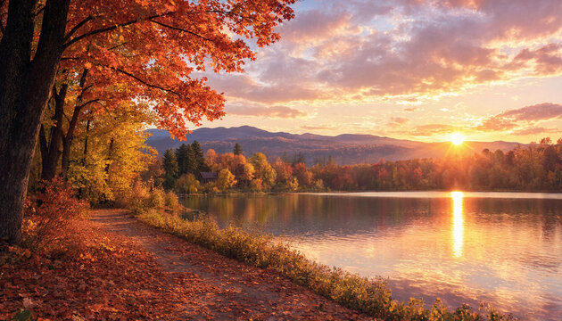 Autumn foliage landscape with sunset reflection for seasonal marketing materials