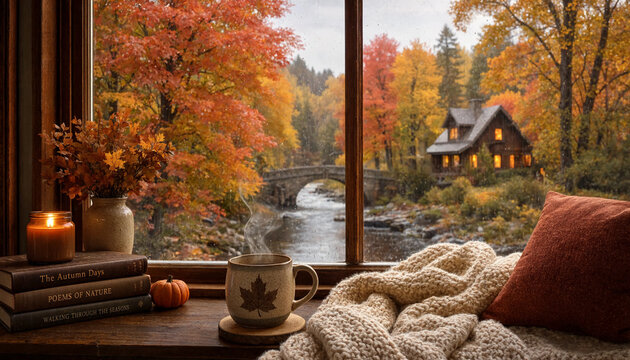 Cozy autumn scene with warm drink and books by window showcasing fall foliage and cabin