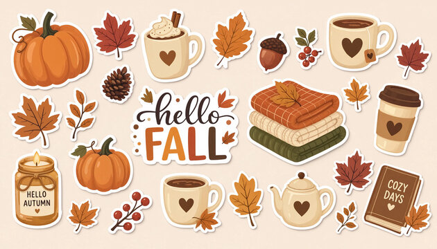Autumn seasonal celebration graphic elements with hello fall greeting and cozy objects