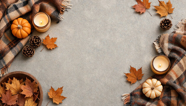 Autumn harvest flat lay with pumpkins, pinecones, and candles for seasonal decor and greeting cards