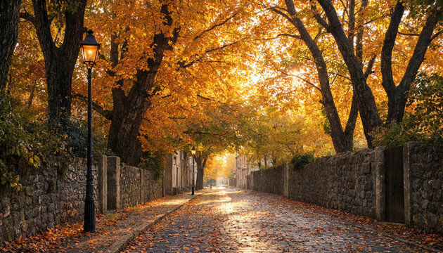 Autumn foliage alleyway with golden leaves and stone walls for seasonal marketing materials