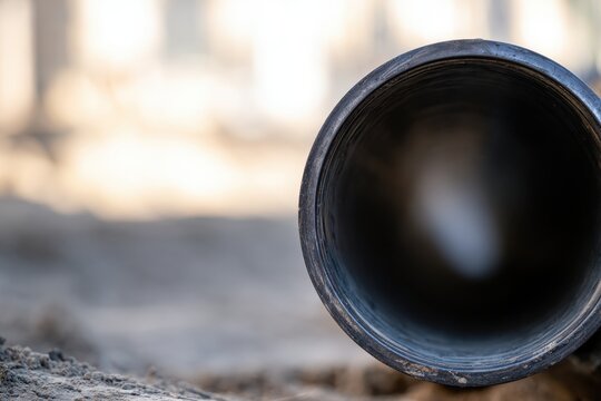 Old rusty metal pipe laying on dusty ground with blurred background in an outdoor industrial setting