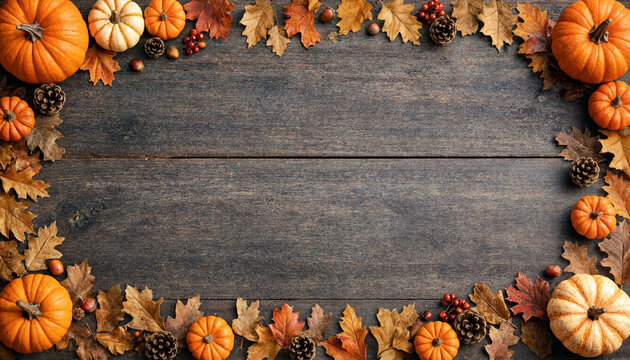 Autumn harvest pumpkins and leaves decorative border for seasonal event flyers with transparent background