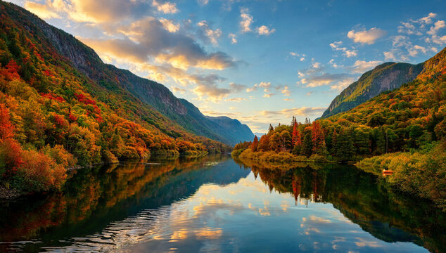 Autumn foliage landscape with calm river reflecting vibrant fall colors for seasonal marketing