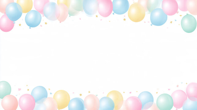 パステルカラーの風船と星で上下を飾った誕生日・お祝い向けフレーム背景イラスト

