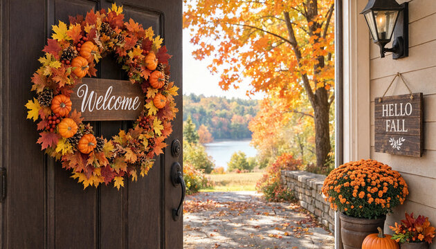 Autumn wreath with welcome sign for fall season home decoration with transparent background