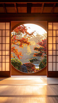 和室の丸窓から眺める鮮やかな紅葉が美しい日本庭園の風景　手前の畳に夕陽の光が差し込む静寂で趣のある構図で文字入れ用のスペースが豊富な落ち着いた雰囲気のインテリア写真　観光案内のポスターや旅行パンフレットの表紙、Webサイトの背景、カレンダーや雑誌の挿絵、和風デザインの広告素材