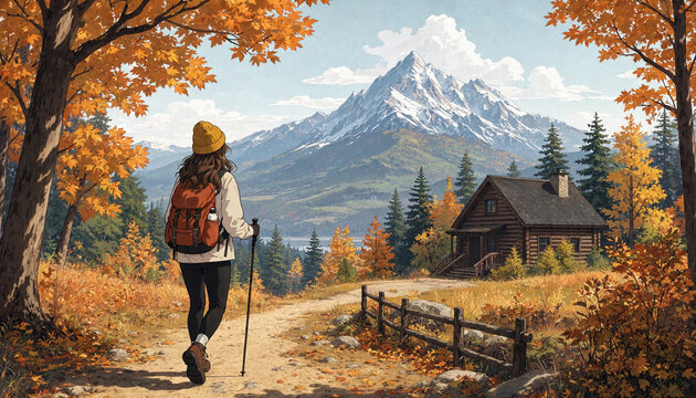 Hiker with backpack exploring autumn forest mountain trail with transparent background