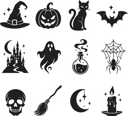 Fototapeta premium Set of halloween icons featuring a witch hat, jackolantern, black cat, bat, haunted castle, ghost, potion bottle, spider web, skull, broomstick, crescent moon, and candle