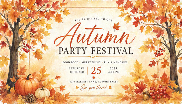Autumn party festival watercolor invitation with date and location details for event flyer