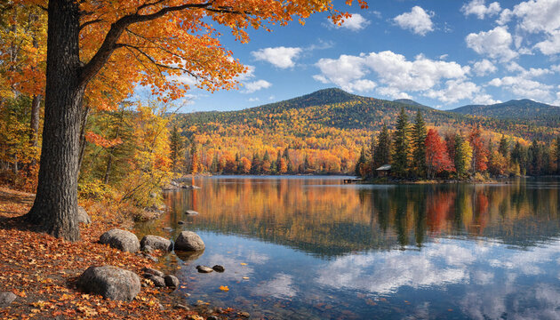 Autumn foliage landscape with lake and forest for seasonal marketing materials