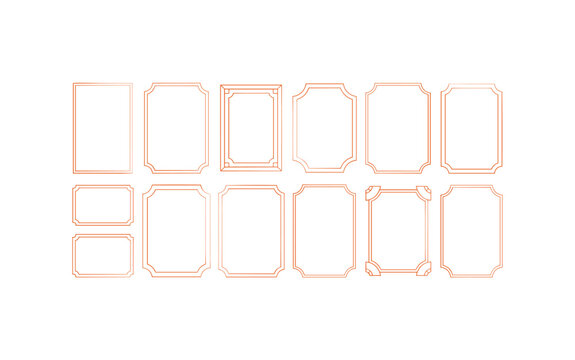 Set of twelve rectangular frames with orange outlines, featuring various decorative corner styles and border patterns on a plain white background