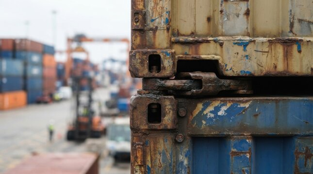 Shipping container corner casting with engaged twist lock fitting, rust streaks and chipped paint on galvanized steel at a container terminal.