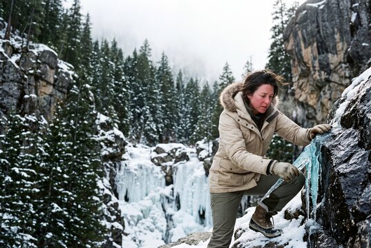 Woman hiker wearing warm winter jacket carefully climbs steep icy rocky cliff near a frozen waterfall in the mountains