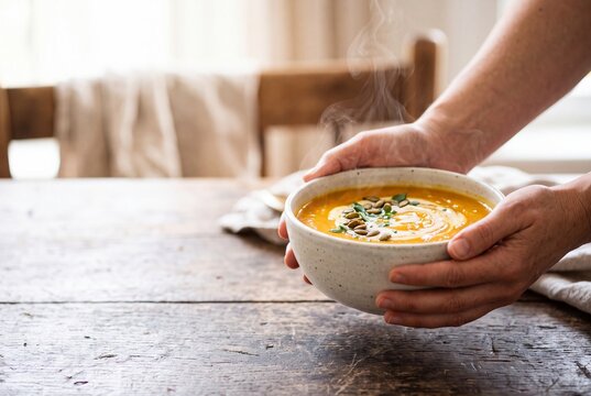 Hands holding a steaming ceramic bowl of creamy autumn pumpkin soup with seeds over a rustic wooden table