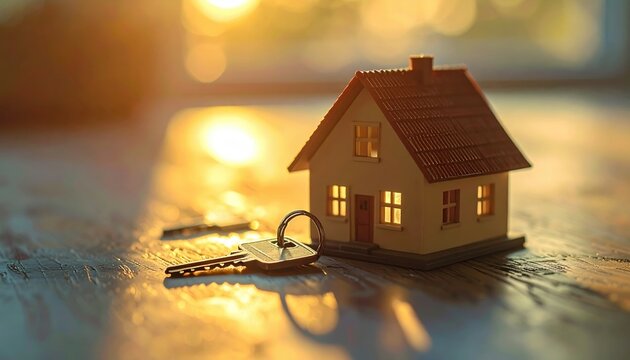 A simple house model beside a set of keys, soft daylight, property ownership concept