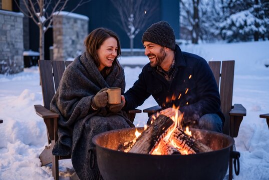 Happy couple sitting by an outdoor fire pit in winter, wrapped in warm blanket enjoying hot drink in snow