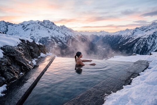 Woman relaxing in outdoor thermal infinity pool overlooking snowy mountain peaks at sunrise