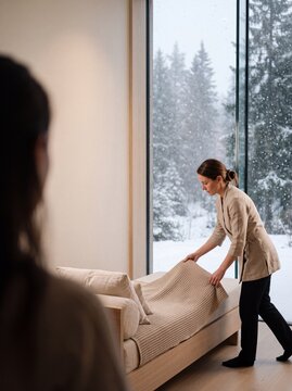 Chambermaid preparing a comfortable daybed inside a luxury winter resort with scenic snowy forest view through panoramic window