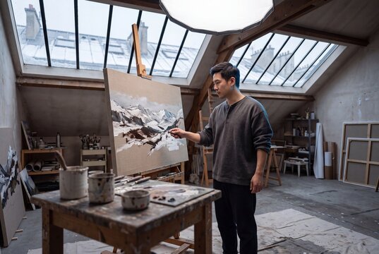 Asian male artist painting snowy mountain landscape on canvas with palette knife in attic studio