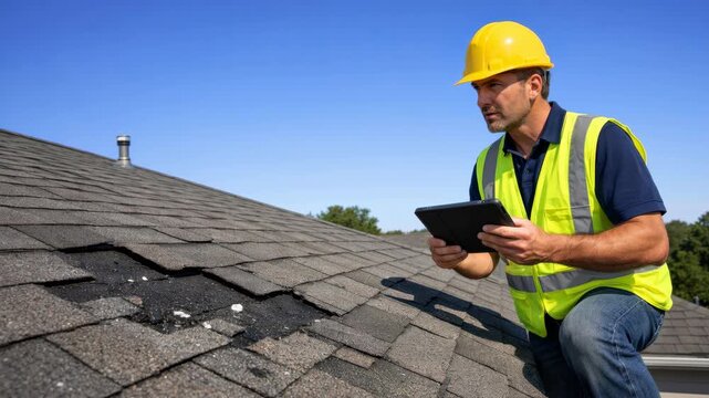 professional roofing contractor inspecting damaged asphalt shingles with digital tablet