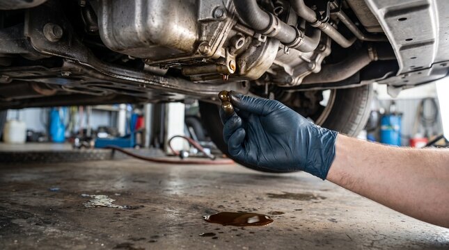 Mechanic Inspecting Engine Oil Leak Under Car During Automotive Repair and Vehicle Maintenance in Garage