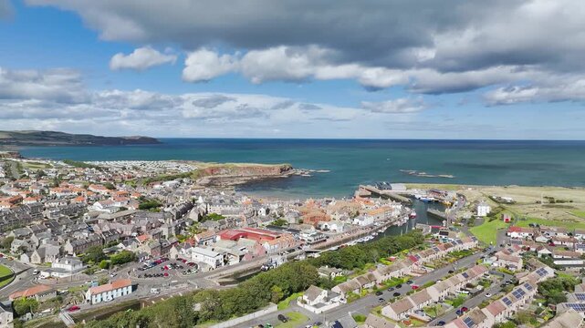 Eyemouth from a drone, Berwickshire, Scottish Borders, Scotland, UK