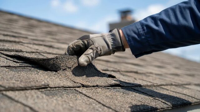 close up of a roofing contractor wearing protective work gloves lifting and inspecting a damaged asphalt shingle on a residential house roof