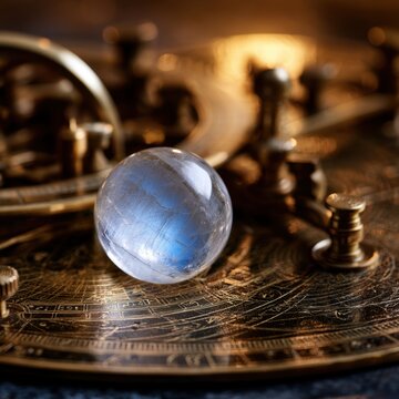 Vintage brass astrolabe with a glowing crystal sphere reflecting blue light in a close-up on celestial navigation tools and ancient scientific instruments