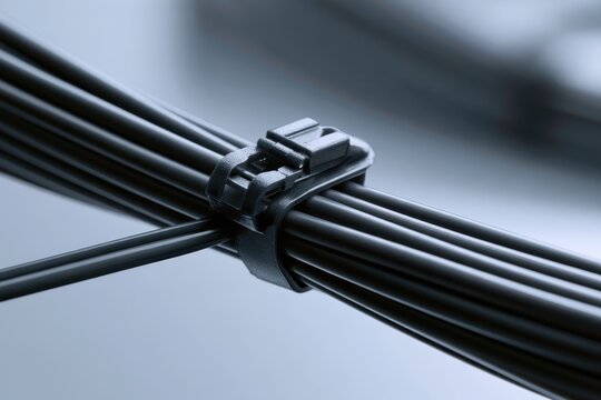 Black plastic cable ties securely bundling multiple black wires against a soft focused gray industrial background