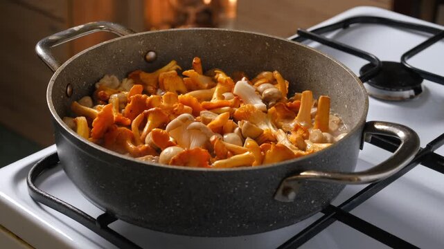 Add fresh oyster mushrooms to frying pan with champignons and chanterelle inside. Frying different kinds of mushroom at home
