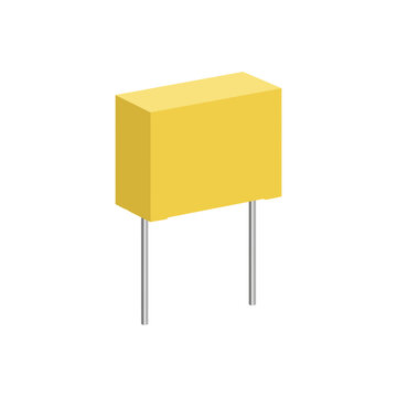 A single box-shaped film capacitor with a compact yellow rectangular body and two parallel metal leads extending from the bottom.