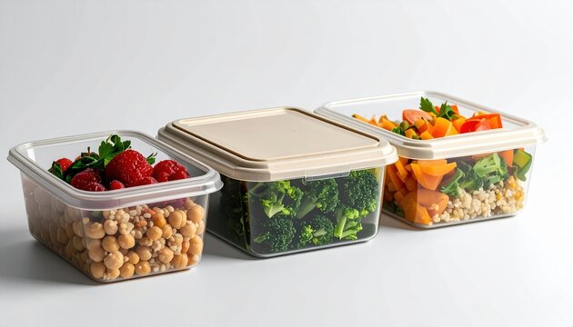 simple meal prep containers on white background, studio lighting