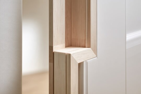 Detailed view of modern wooden door frame joint showcasing precise carpentry craftsmanship and smooth light wood finish in minimalist interior design