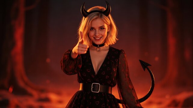 Charming Blonde Devil Woman with Horns and Tail in Haunted Forest