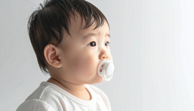 baby pacifier side view on white background, soft natural lighting