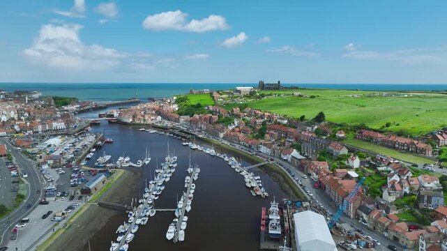 Whitby over River Esk from a drone, North Yorkshire, England, United Kingdom