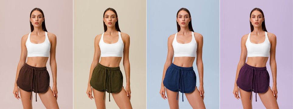 Fitness woman on color background. Athletic girl in shorts of different colors